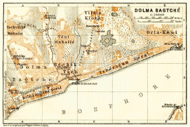 Constantionople (قسطنطينيه, İstanbul, Istanbul): Dolma Bagtsche (Dolmabahçe) District Map, 1905. Use the zooming tool to explore in higher level of detail. Obtain as a quality print or high resolution image