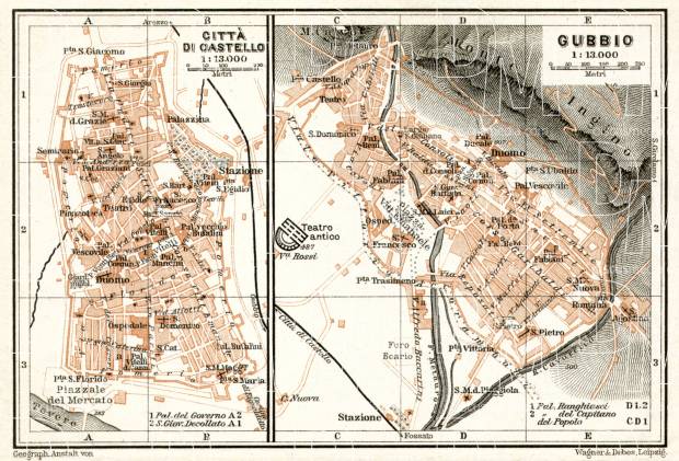 Gubbio map with Citta di Castello map, 1909. Use the zooming tool to explore in higher level of detail. Obtain as a quality print or high resolution image