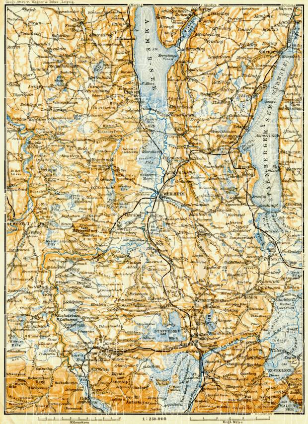 Starnberg Lake and Ammer Lake map, 1906. Use the zooming tool to explore in higher level of detail. Obtain as a quality print or high resolution image