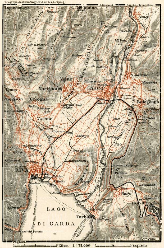 Arco, Riva and their environs map, 1913. Use the zooming tool to explore in higher level of detail. Obtain as a quality print or high resolution image