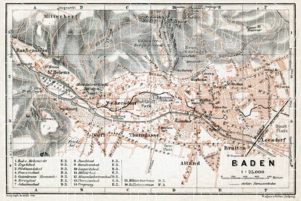 Baden to Vienna (Baden bei Wien), town plan, 1910. Use the zooming tool to explore in higher level of detail. Obtain as a quality print or high resolution image