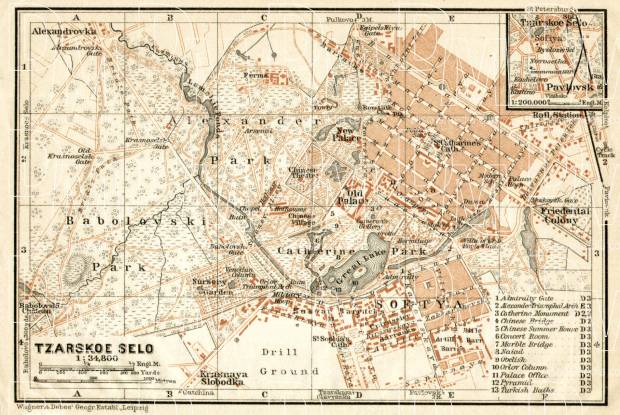 Tsarskoe Selo (Царское Село, nowadays Pushkin) town plan (in English), 1914. Use the zooming tool to explore in higher level of detail. Obtain as a quality print or high resolution image