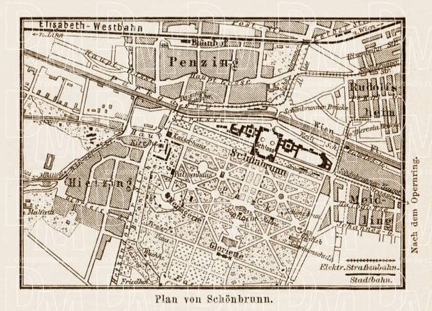 Map of the Schönbrunn palace environs in Vienna (Wien), 1903. Use the zooming tool to explore in higher level of detail. Obtain as a quality print or high resolution image