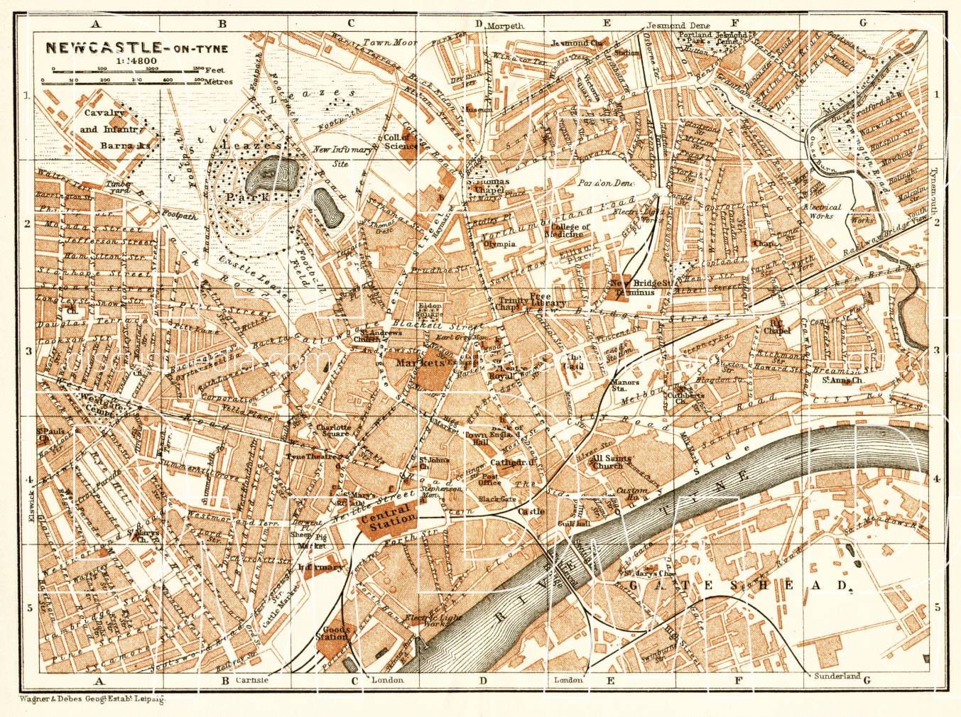 Old map of Newcastle upon Tyne in 1906. Buy vintage map replica poster print or download picture