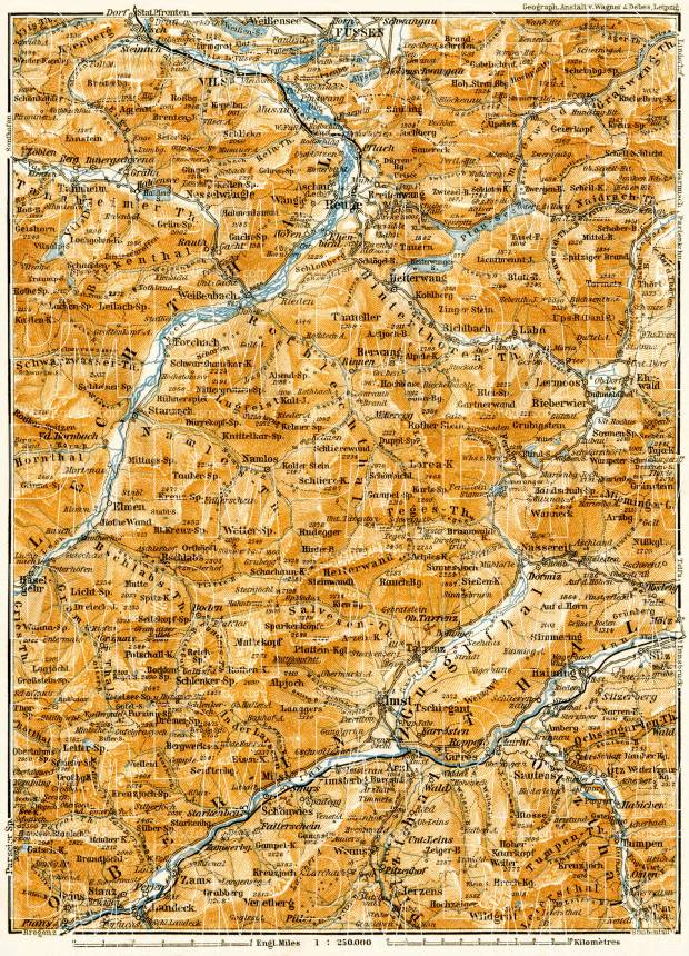 Bavarian, Lechtal and Innental Alps from Füssen to Landeck and Umhausen map, 1906. Use the zooming tool to explore in higher level of detail. Obtain as a quality print or high resolution image
