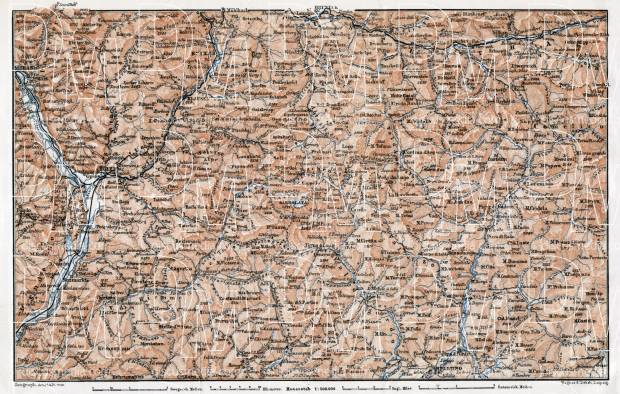 Dolomite Alps (Die Dolomiten) from Franzensfeste to Belluno district map, 1910. Use the zooming tool to explore in higher level of detail. Obtain as a quality print or high resolution image
