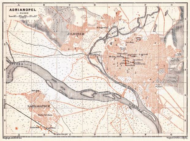 Adrianople (ادرنه, Edirne) city map, 1905. Use the zooming tool to explore in higher level of detail. Obtain as a quality print or high resolution image