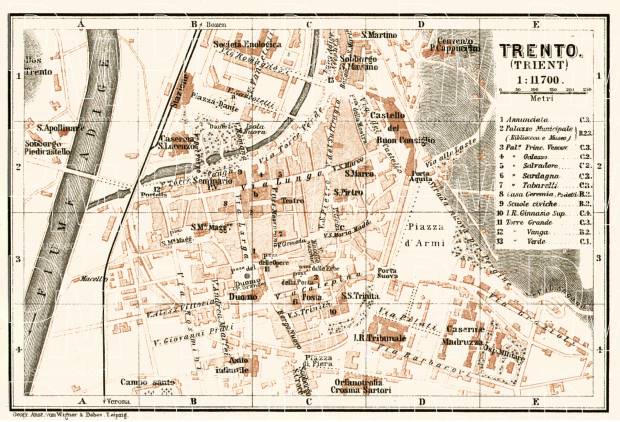 Trient (Trento) city map, 1906. Use the zooming tool to explore in higher level of detail. Obtain as a quality print or high resolution image