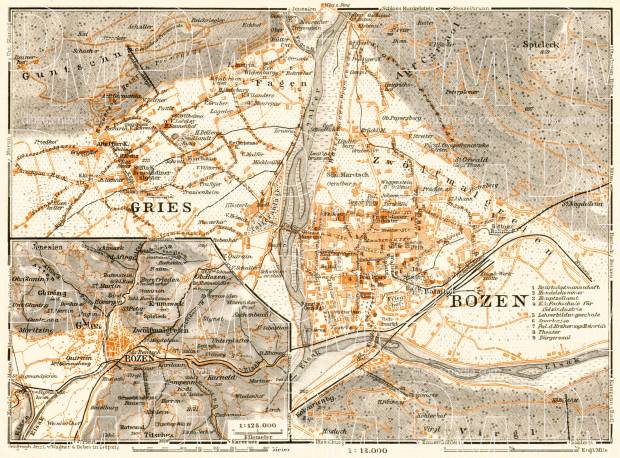 Bolzano (Bozen) and Gries, city map. Environs of Bolzano/Gries map, 1913. Use the zooming tool to explore in higher level of detail. Obtain as a quality print or high resolution image