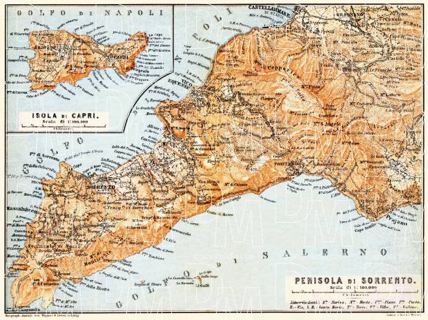 Sorrento Peninsula and Isle of Capri map, 1898. Use the zooming tool to explore in higher level of detail. Obtain as a quality print or high resolution image