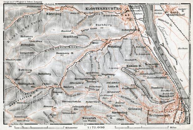 Döbling, Nussdorf and Klosterneuburg region map, 1910. Use the zooming tool to explore in higher level of detail. Obtain as a quality print or high resolution image