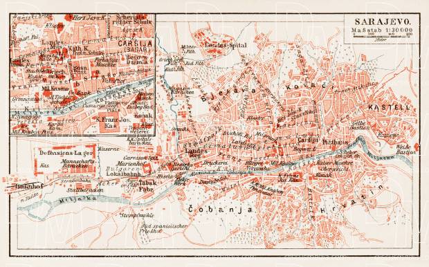 Sarajevo city map, 1903. Use the zooming tool to explore in higher level of detail. Obtain as a quality print or high resolution image