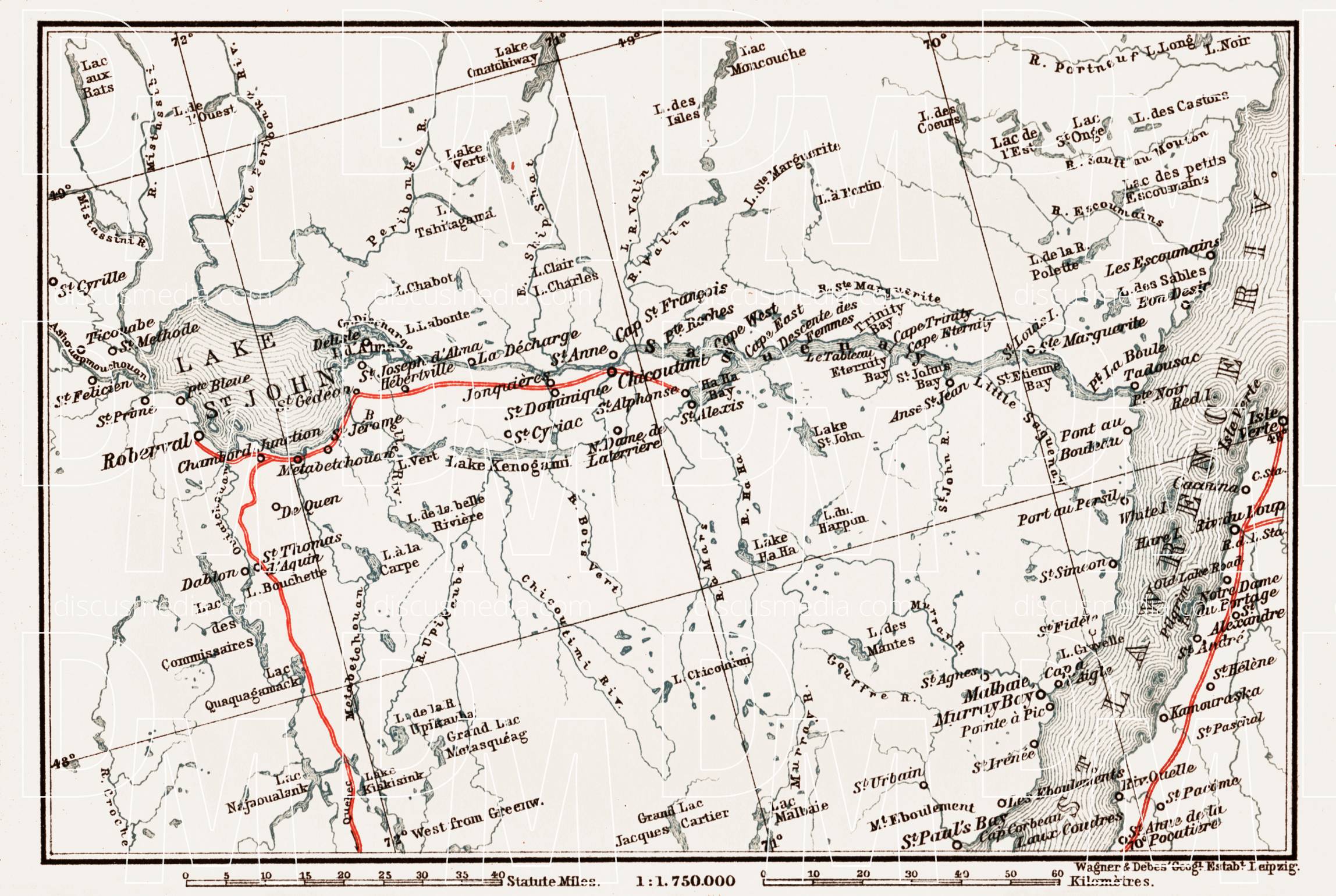 Old map of the Saguenay River and Lake St. John vicinities in 1907. Buy
