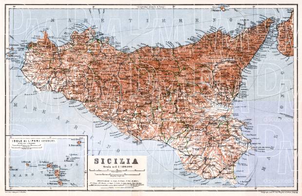 Sicilia (Sicily) map with Lipari Isle map inset, 1929. Use the zooming tool to explore in higher level of detail. Obtain as a quality print or high resolution image