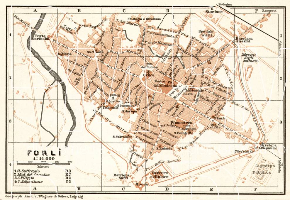 Old map of Forlì in 1909. Buy vintage map replica poster print or