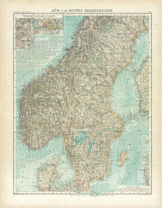 Central and Southern Scandinavia Map, 1905. Use the zooming tool to explore in higher level of detail. Obtain as a quality print or high resolution image