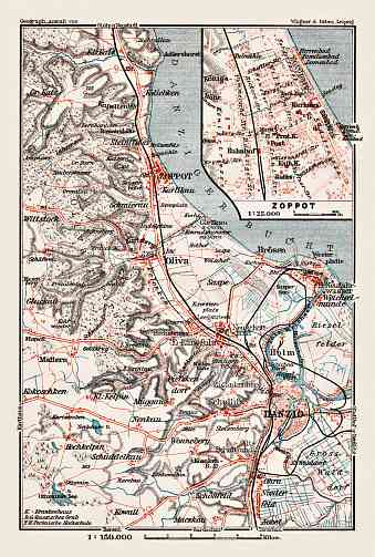 Danzig (Gdańsk) environs map, with town plan of Zoppot (Sopot), 1911