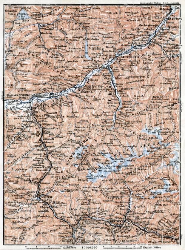 Zillertal and Pustertal Alps region map, 1910. Use the zooming tool to explore in higher level of detail. Obtain as a quality print or high resolution image