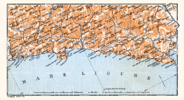 Italian Genoese/Levantian Riviera (Rivière) from Genua to Spezia map, 1908. Use the zooming tool to explore in higher level of detail. Obtain as a quality print or high resolution image