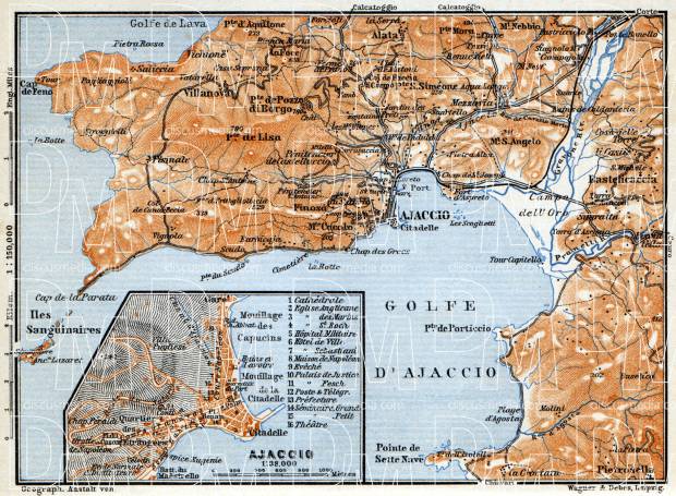 Ajaccio and environs map, 1900. Use the zooming tool to explore in higher level of detail. Obtain as a quality print or high resolution image