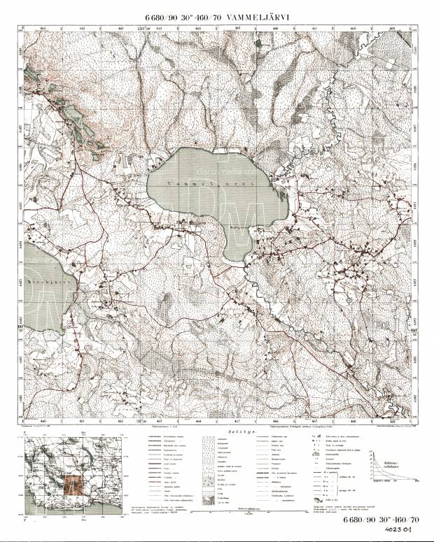 Gladyševskoje Lake. Vammeljärvi. Topografikartta 402301. Topographic map from 1934. Use the zooming tool to explore in higher level of detail. Obtain as a quality print or high resolution image