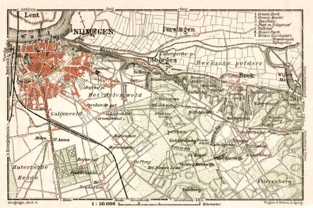 Nijmegen and environs map, 1909. Use the zooming tool to explore in higher level of detail. Obtain as a quality print or high resolution image