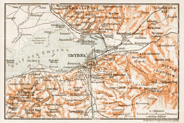 Smyrna (إزمير, İzmir, Smyrne) environs map, 1914. Use the zooming tool to explore in higher level of detail. Obtain as a quality print or high resolution image