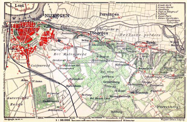 Nijmegen and environs map, 1904. Use the zooming tool to explore in higher level of detail. Obtain as a quality print or high resolution image