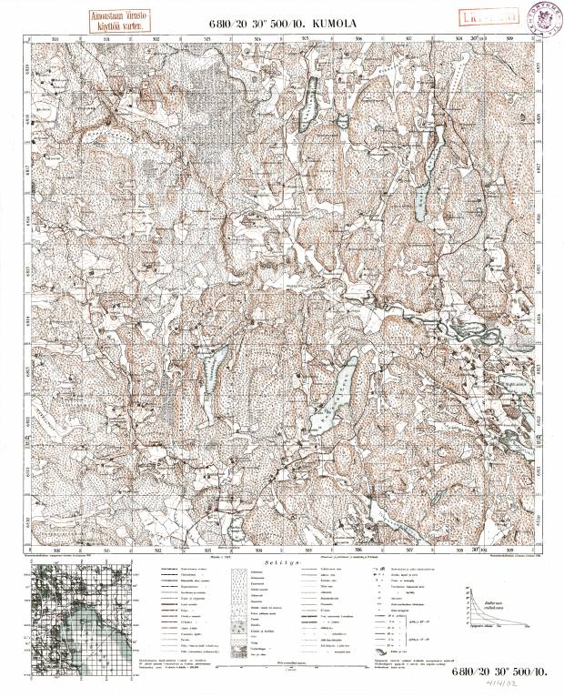 Lumivaara. Kumola. Topografikartta 414102. Topographic map from 1930. Use the zooming tool to explore in higher level of detail. Obtain as a quality print or high resolution image