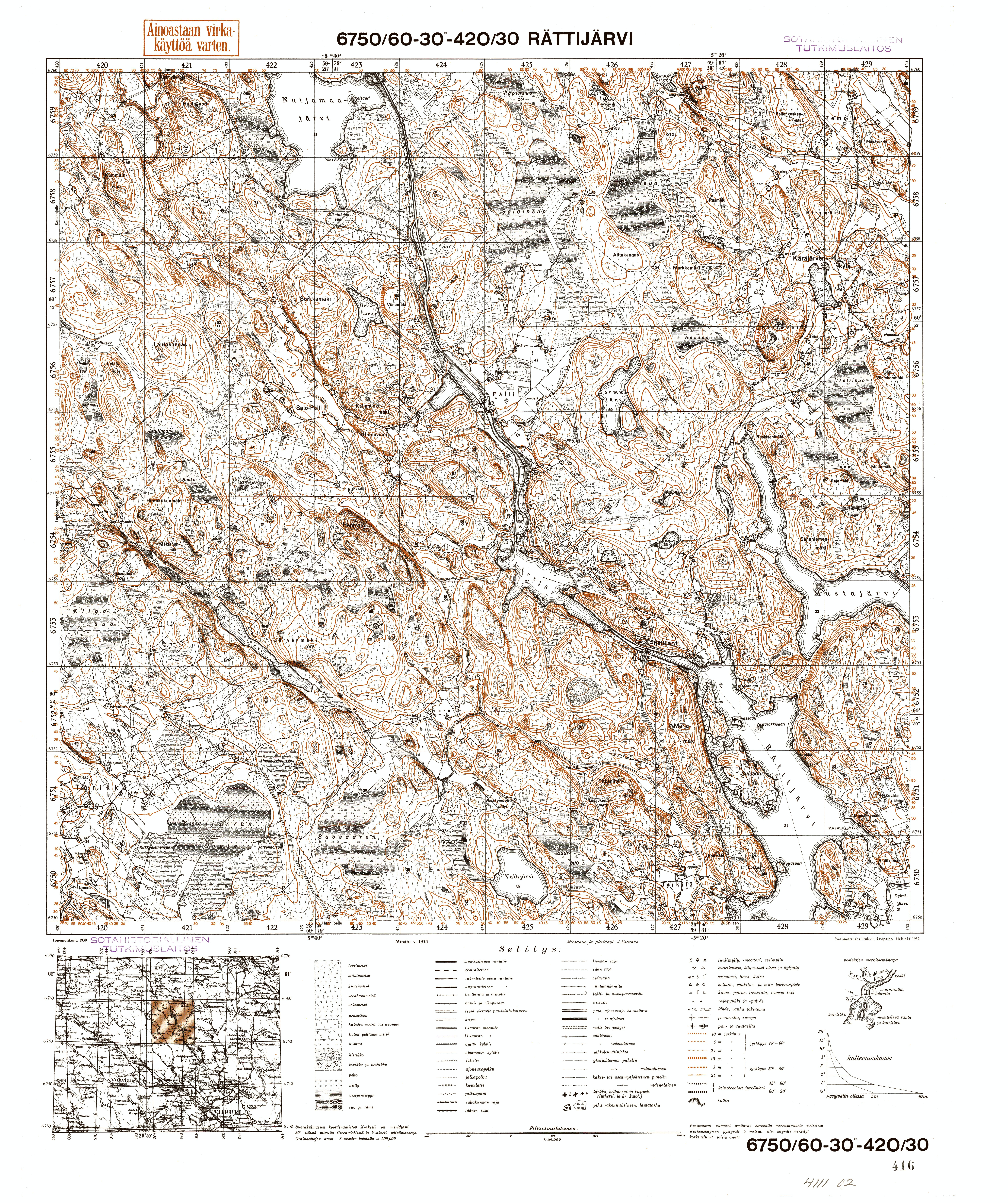 Bolšoje Tsvetotšnoje Lake. Rättijärvi. Topografikartta 411102. Topographic map from 1934. Use the zooming tool to explore in higher level of detail. Obtain as a quality print or high resolution image
