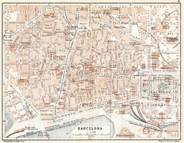 Barcelona central part map, 1899. Use the zooming tool to explore in higher level of detail. Obtain as a quality print or high resolution image