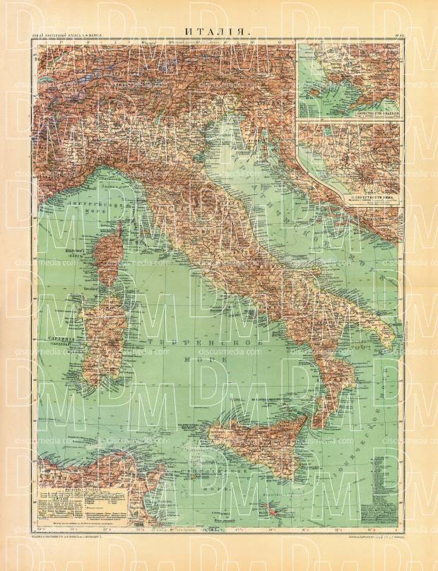 Italy Map (in Russian), 1910. Use the zooming tool to explore in higher level of detail. Obtain as a quality print or high resolution image