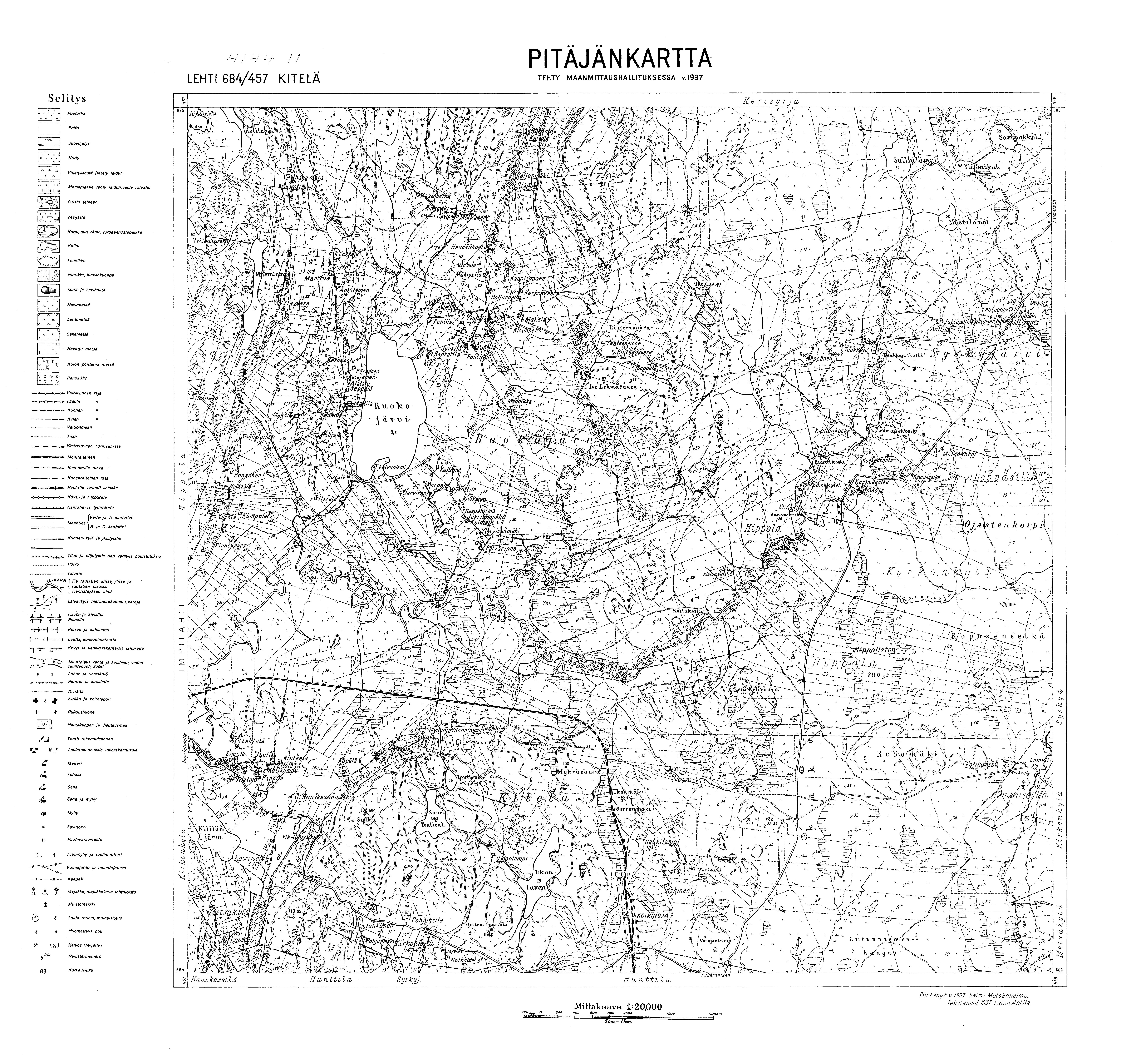 Kitelja. Kitelä. Pitäjänkartta 414411. Parish map from 1937. Use the zooming tool to explore in higher level of detail. Obtain as a quality print or high resolution image