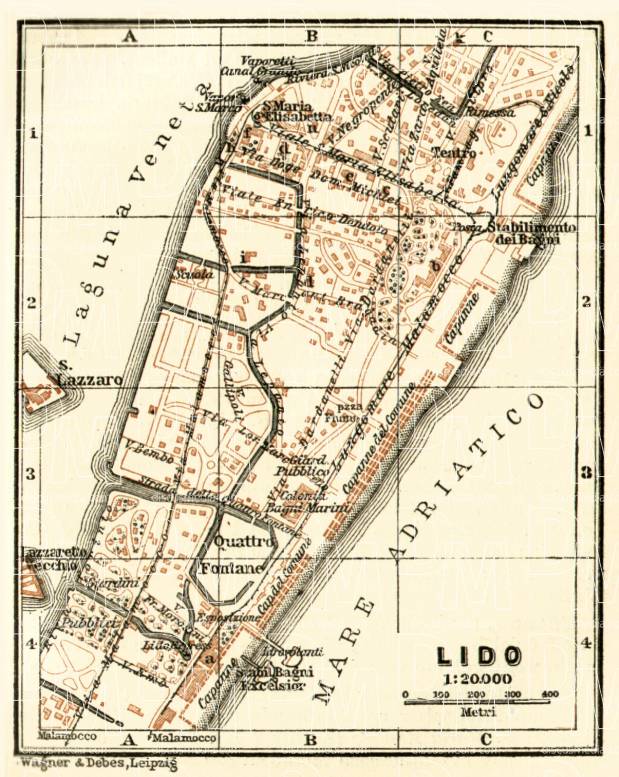 Lido of Venice (Lido di Venezia) town plan, 1929. Use the zooming tool to explore in higher level of detail. Obtain as a quality print or high resolution image