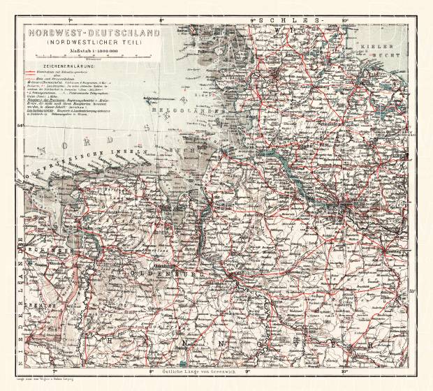 Old map of northwestern provinces of the North Germany in 1913. Buy