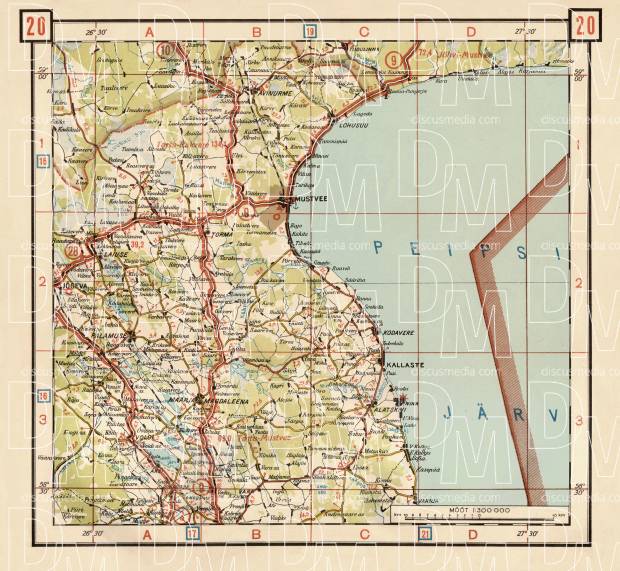 Estonian Road Map, Plate 20: Mustvee. 1938. Use the zooming tool to explore in higher level of detail. Obtain as a quality print or high resolution image