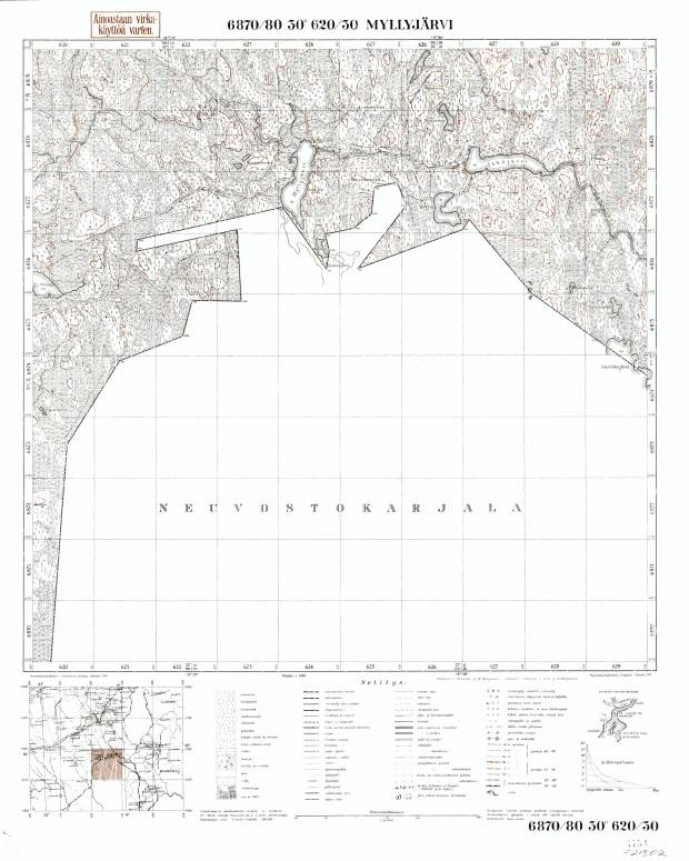 Mjulljujarvi Lake. Myllyjärvi. Topografikartta 521302. Topographic map from 1939. Use the zooming tool to explore in higher level of detail. Obtain as a quality print or high resolution image