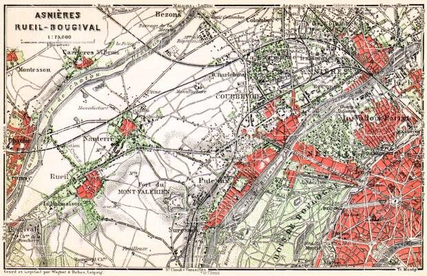 Asnières (Asnières-sur-Seine), Rueil (Rueil-Malmaison) and Bougival map, 1910. Use the zooming tool to explore in higher level of detail. Obtain as a quality print or high resolution image