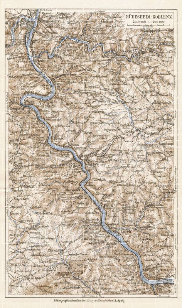 Map of the Course of the Rhine from Koblenz to Rüdesheim, 1927. Use the zooming tool to explore in higher level of detail. Obtain as a quality print or high resolution image