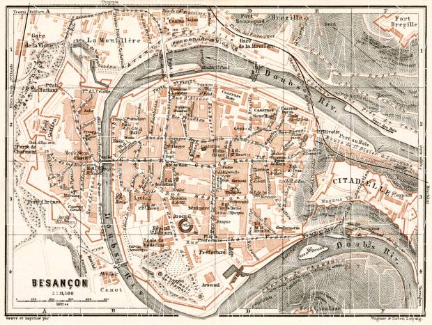 Besançon city map, 1909. Use the zooming tool to explore in higher level of detail. Obtain as a quality print or high resolution image