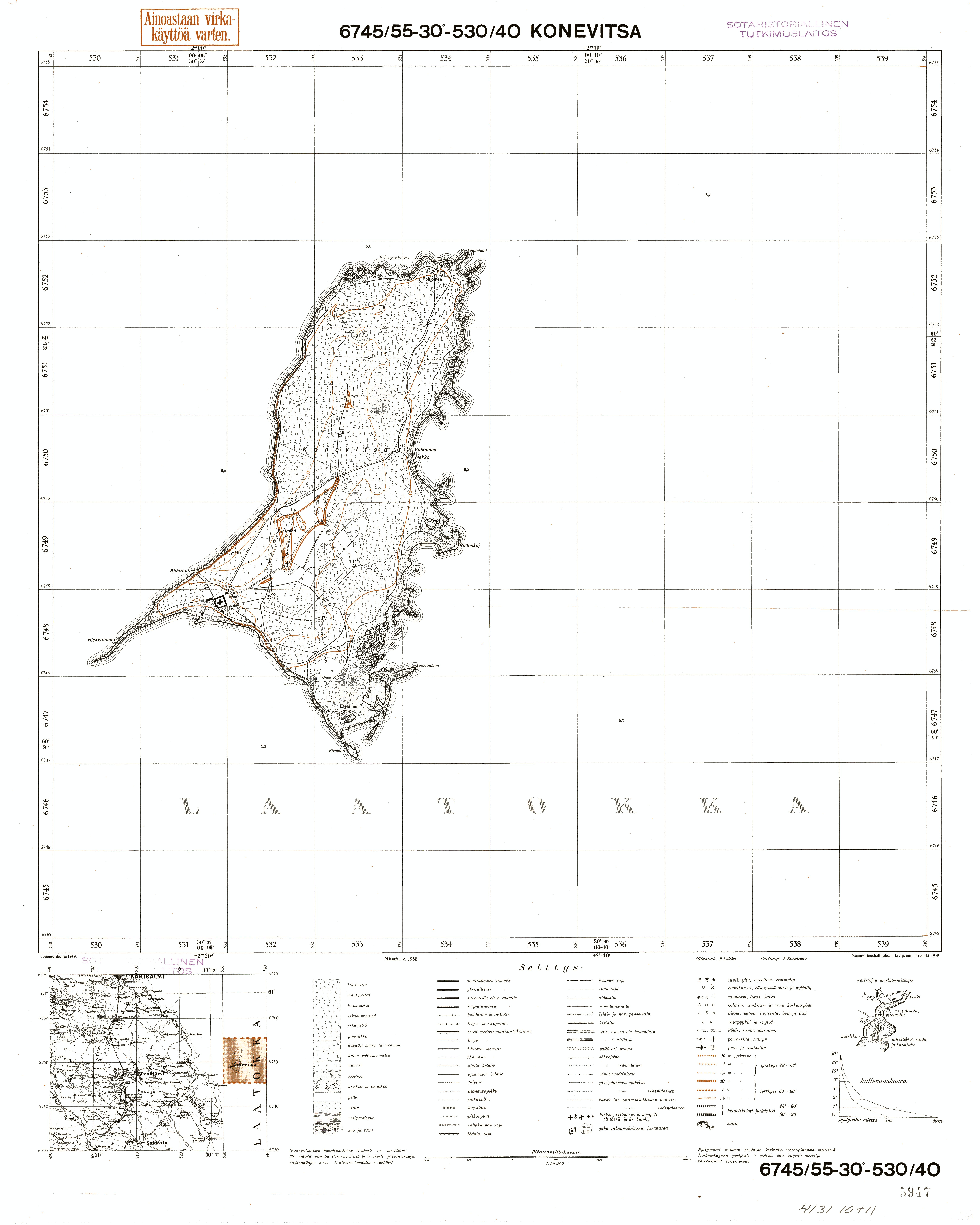 Konevets Island. Konevitsa. Topografikartta 413110, 413111. Topographic map from 1939