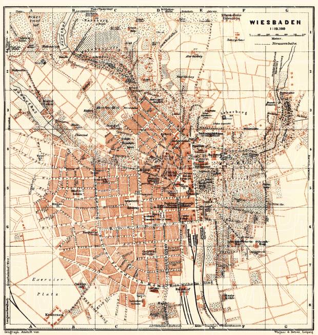 Wiesbaden city map, 1905. Use the zooming tool to explore in higher level of detail. Obtain as a quality print or high resolution image