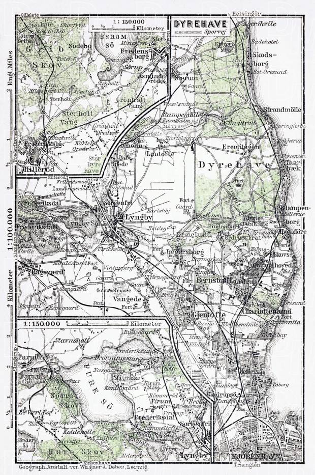 Dyrehave and environs map (Jægersborg Dyrehave in Copenhagen), 1929. Use the zooming tool to explore in higher level of detail. Obtain as a quality print or high resolution image