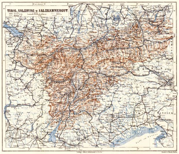 Tyrol (Tirol), Salzburg and Salzkammergut map, 1911. Use the zooming tool to explore in higher level of detail. Obtain as a quality print or high resolution image