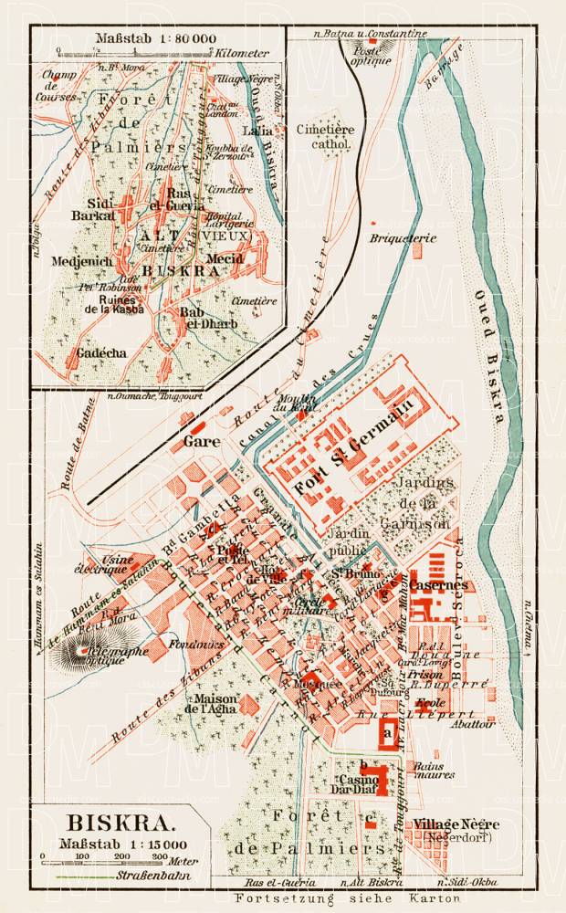 Biskra (بسكرة) city map, 1913. Use the zooming tool to explore in higher level of detail. Obtain as a quality print or high resolution image