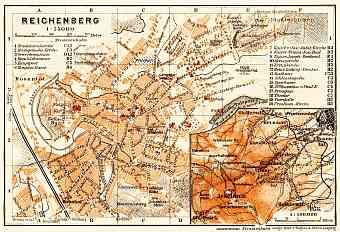 Reichenberg (Liberec), city map. Der Jeschken (Ještěd) and environs map, 1913