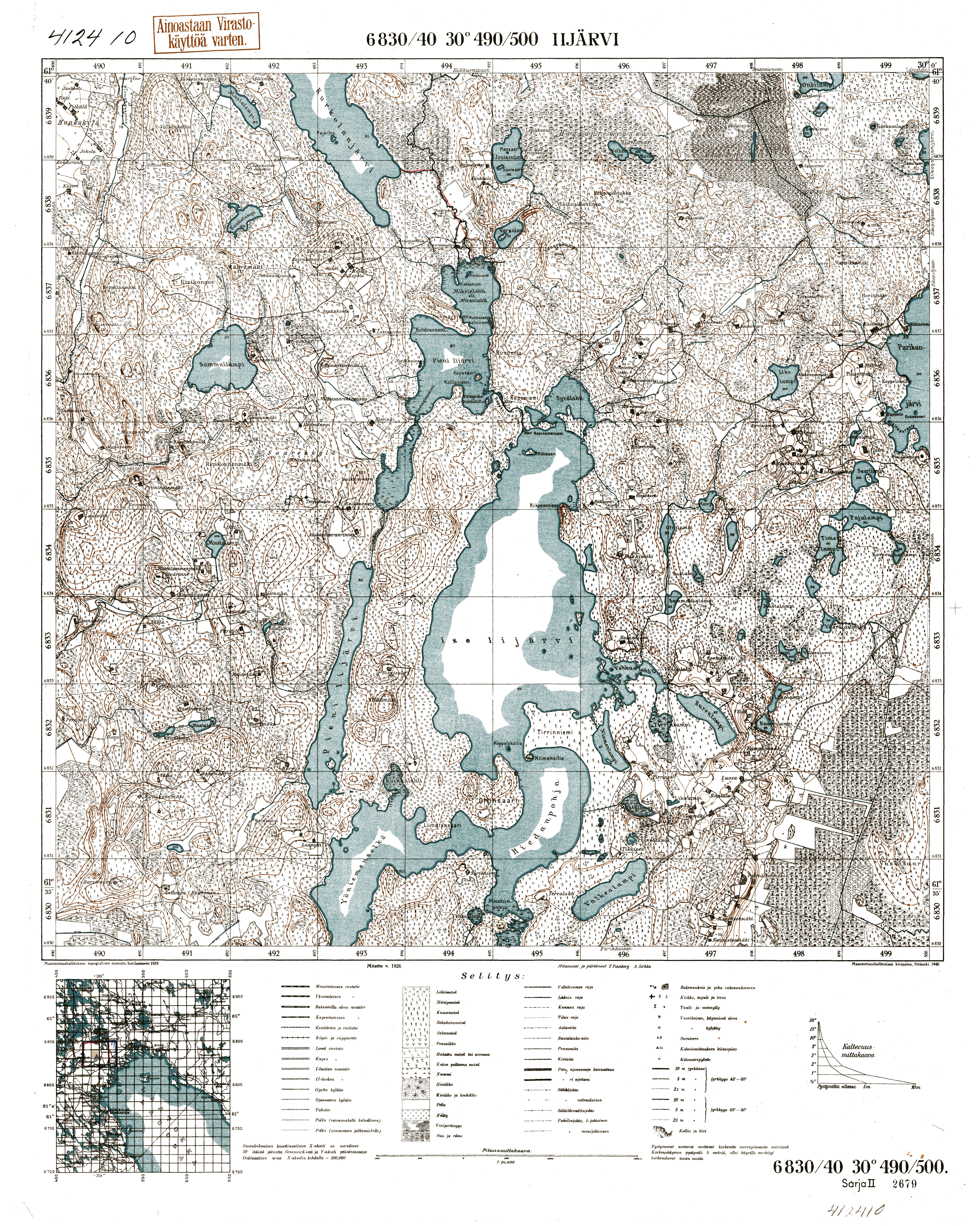 Izo-Iijarvi, Pieni-Iijarvi Lakes. Iijärvi. Topografikartta 412410. Topographic map from 1940