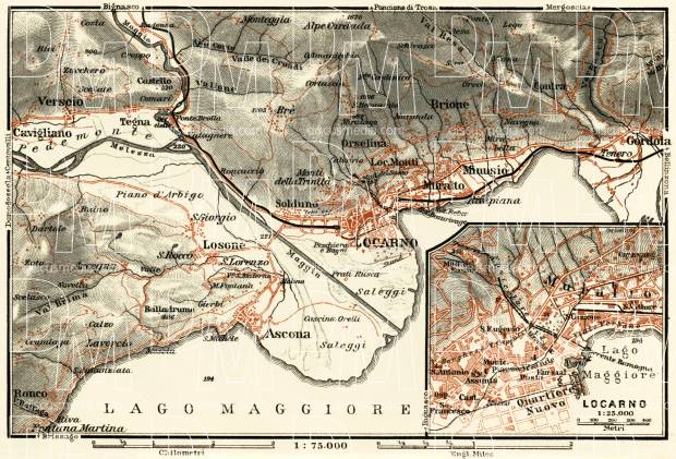 Locarno, city map and environs map, 1913. Use the zooming tool to explore in higher level of detail. Obtain as a quality print or high resolution image