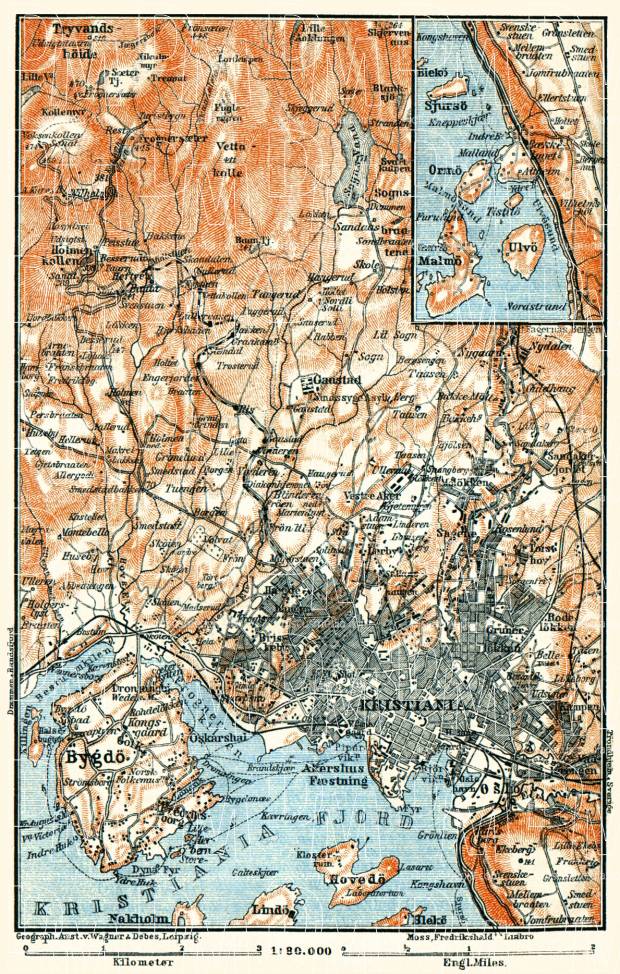 Christiania (Oslo) and environs map, 1910. Use the zooming tool to explore in higher level of detail. Obtain as a quality print or high resolution image