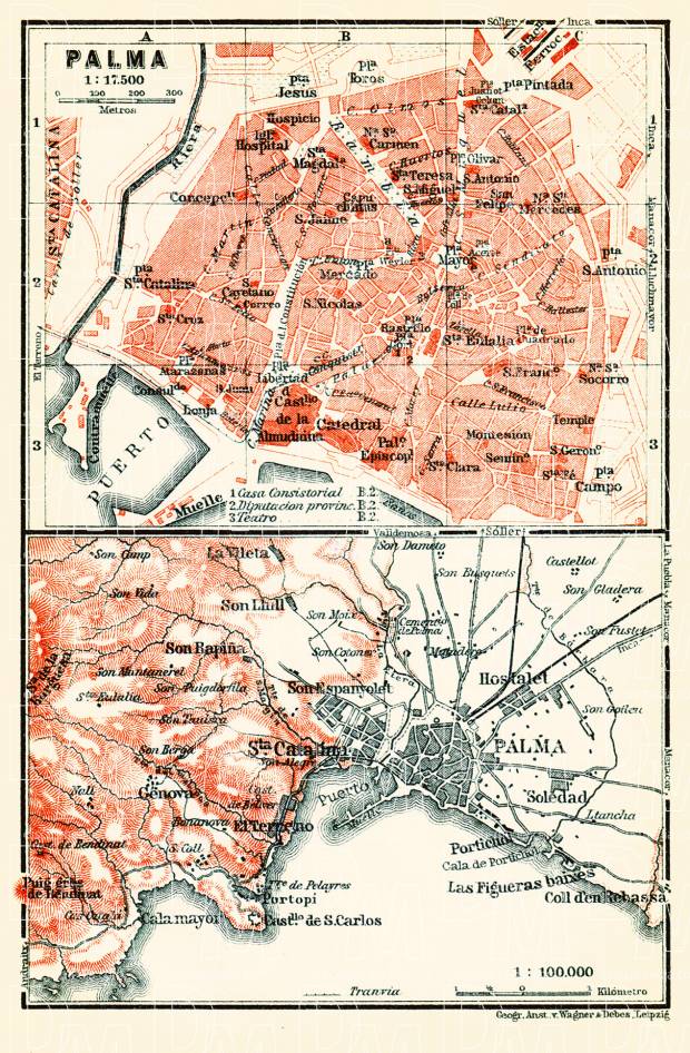 Palma (Palma de Mallorca) city map, 1913. Environs of Palma. Use the zooming tool to explore in higher level of detail. Obtain as a quality print or high resolution image
